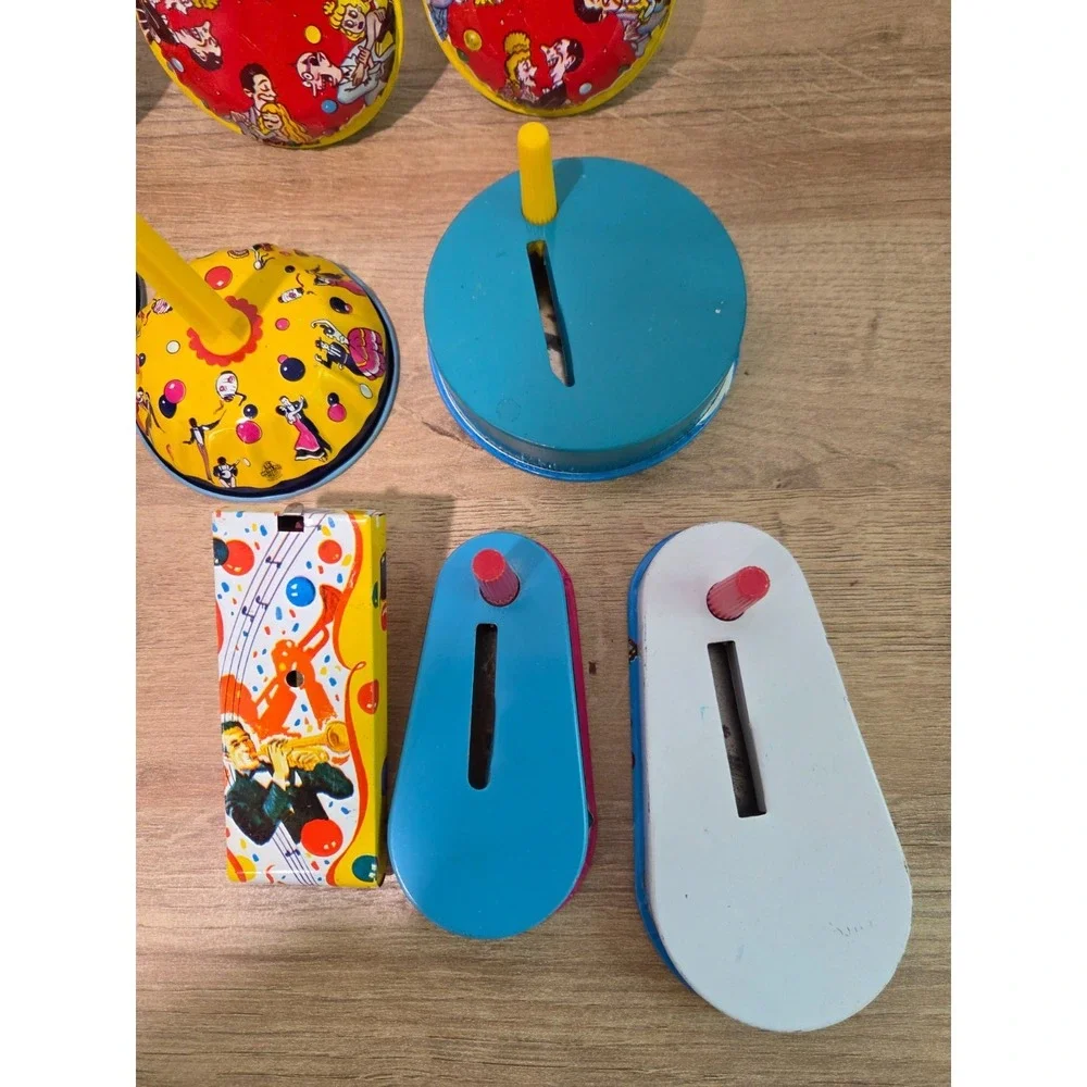 Vintage Tin Noisemaker Large Lot 18 US Metal Toy Mfg Co Clown Cricket Mariachi
